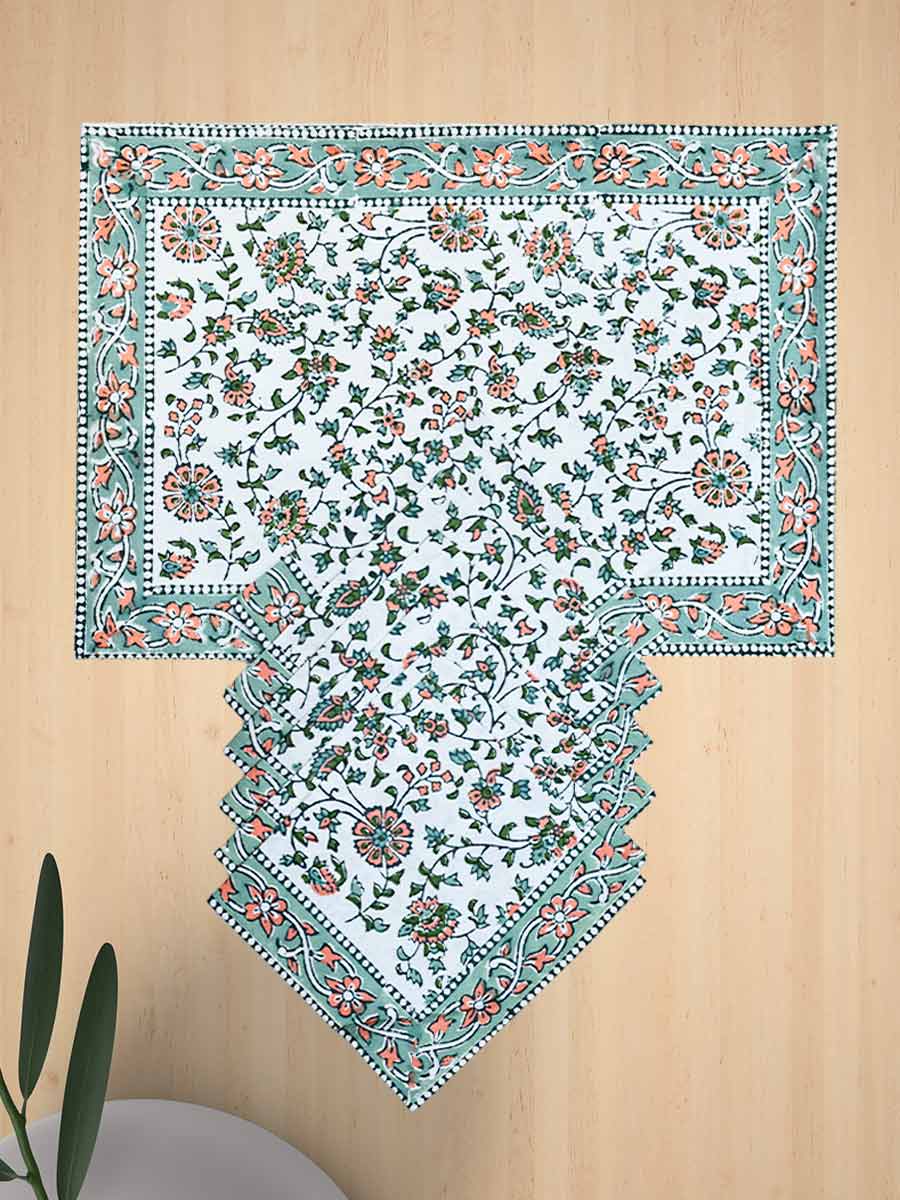 Green Handblock Print Cotton Table Mat Set