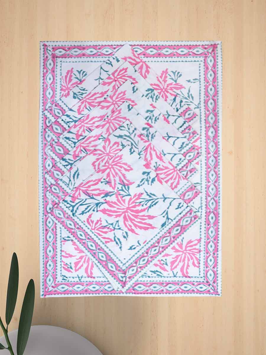 Pink Handblock Print Cotton Table Mat Set