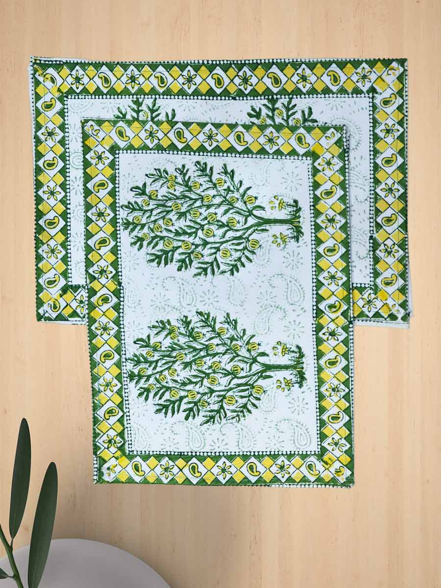 Green Handblock Print Cotton Table Mat Set