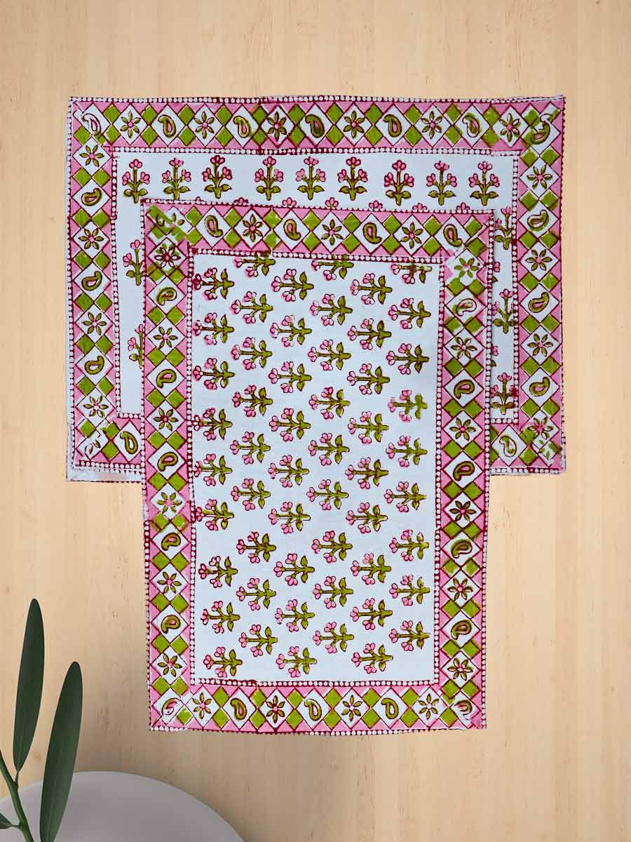 Pink Handblock Print Cotton Table Mat Set
