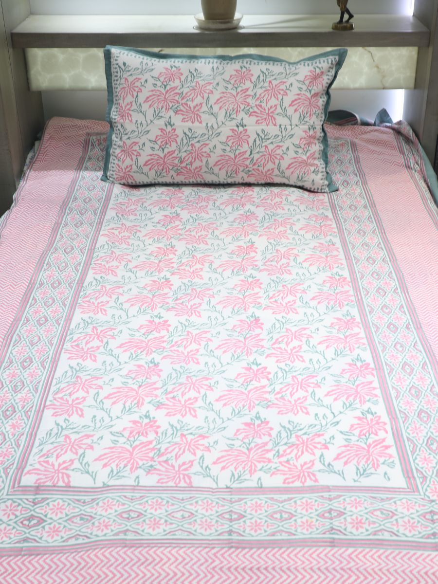 Pink Handblock Print Single Bedsheet