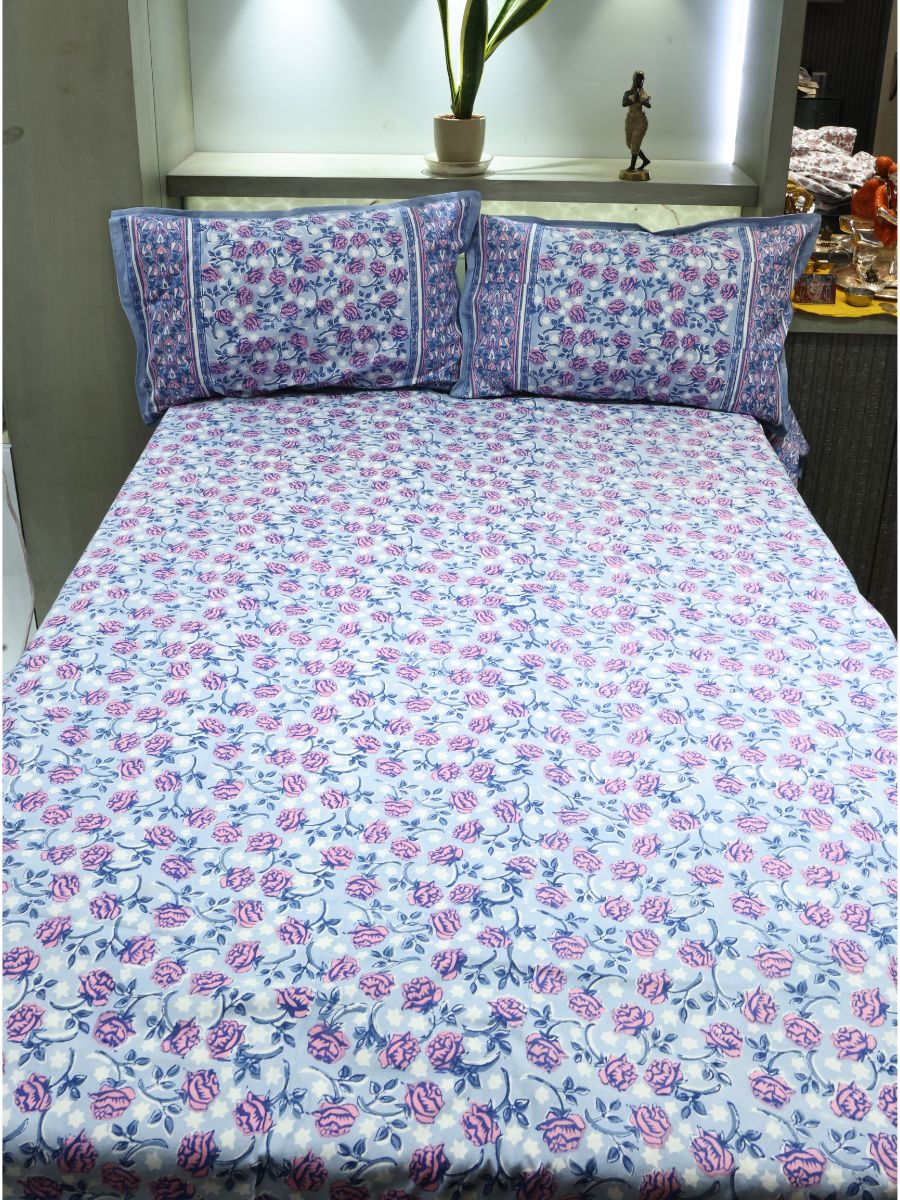 Pink Handblock Print Double Bedsheet