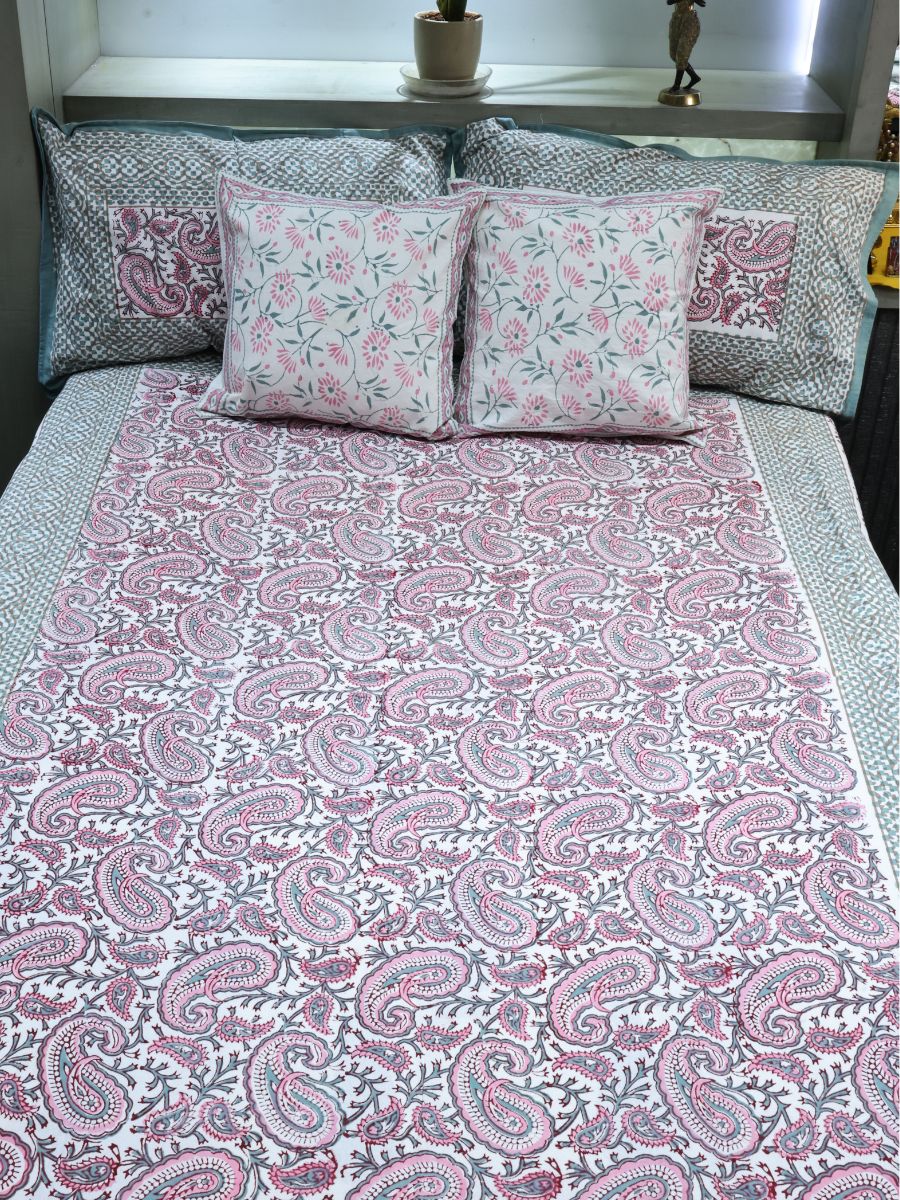 Pink Handblock Print Double Bedsheet
