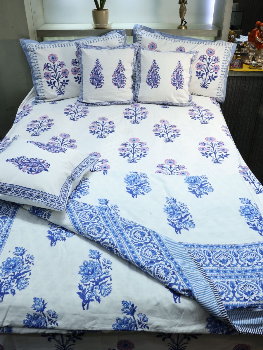 Blue Handblock Print Double Bedsheet