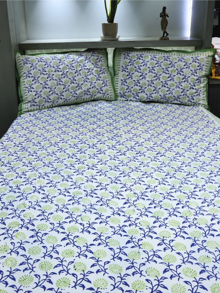 Green Handblock Print Double Bedsheet