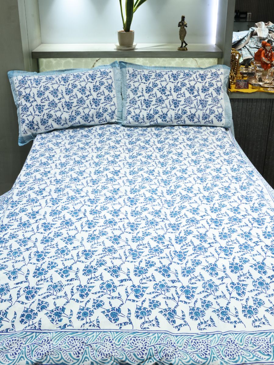 Blue Handblock Print Double Bedsheet