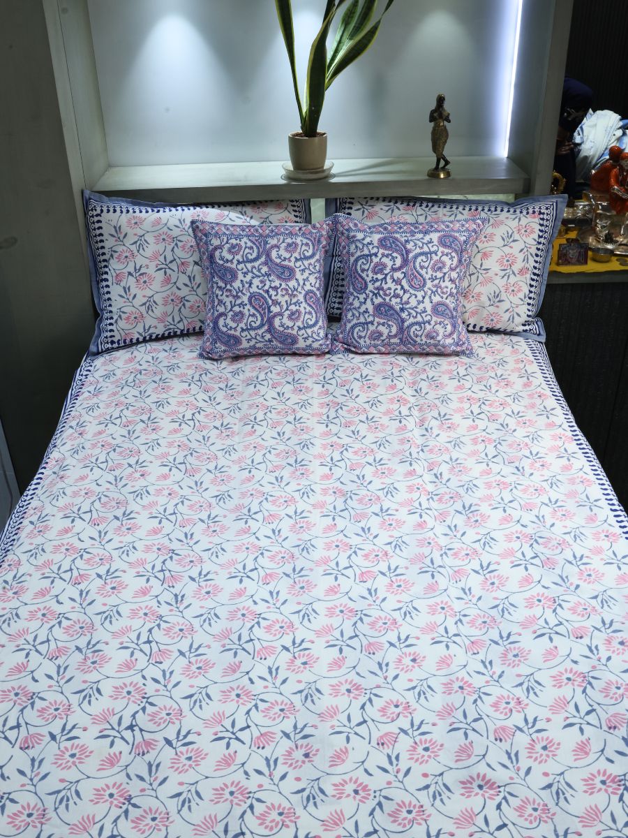 Pink Handblock Print Double Bedsheet