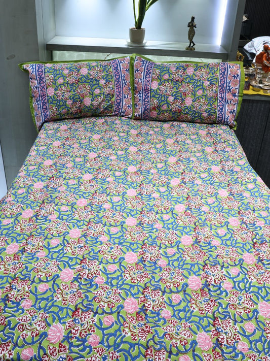 Green Handblock Print Double Bedsheet
