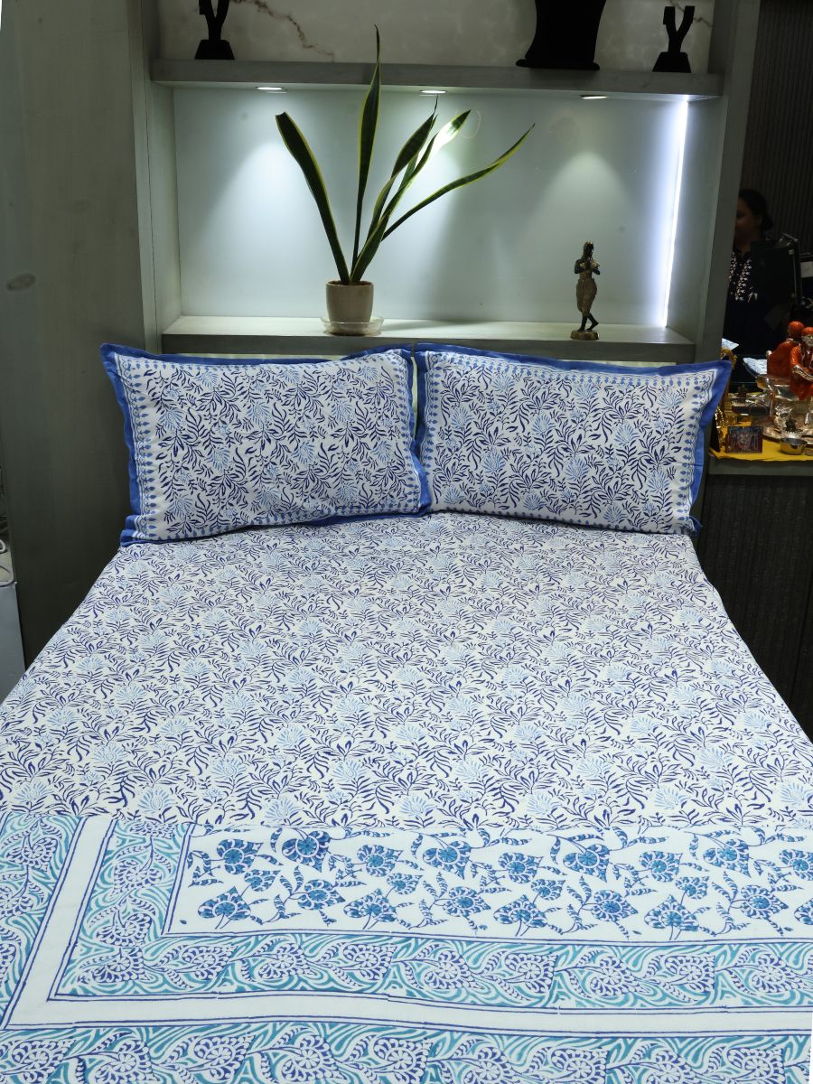 Blue Handblock Print Double Bedsheet