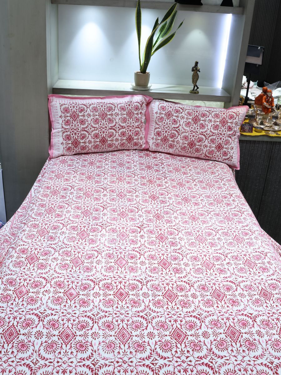 Pink Handblock Print Double Bedsheet