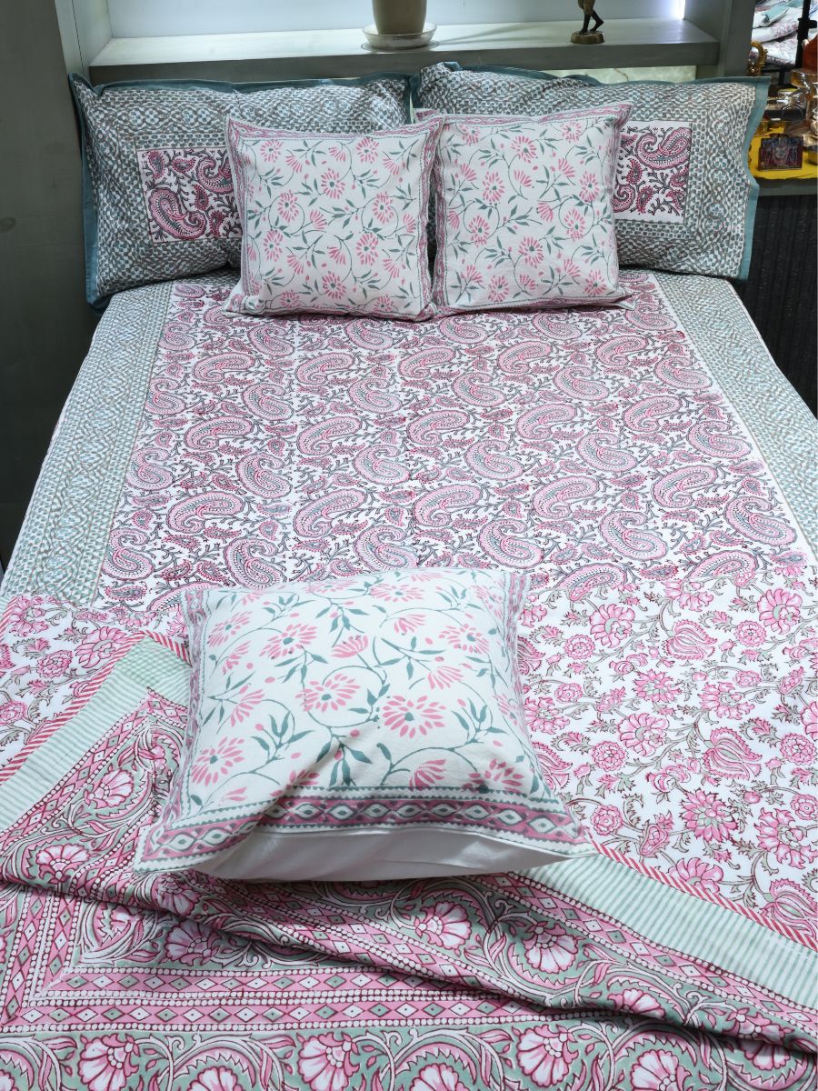 Pink Handblock Print Double Bedsheet