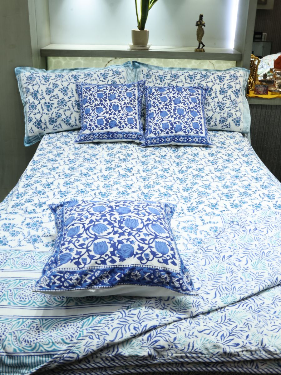 Blue Handblock Print Double Bedsheet