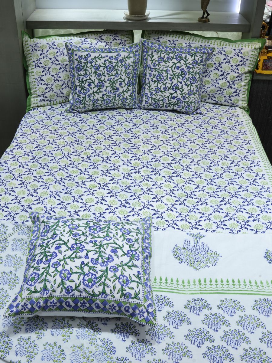 Green Handblock Print Double Bedsheet