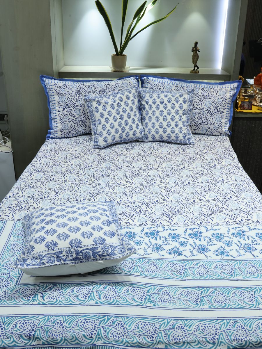 Blue Handblock Print Double Bedsheet