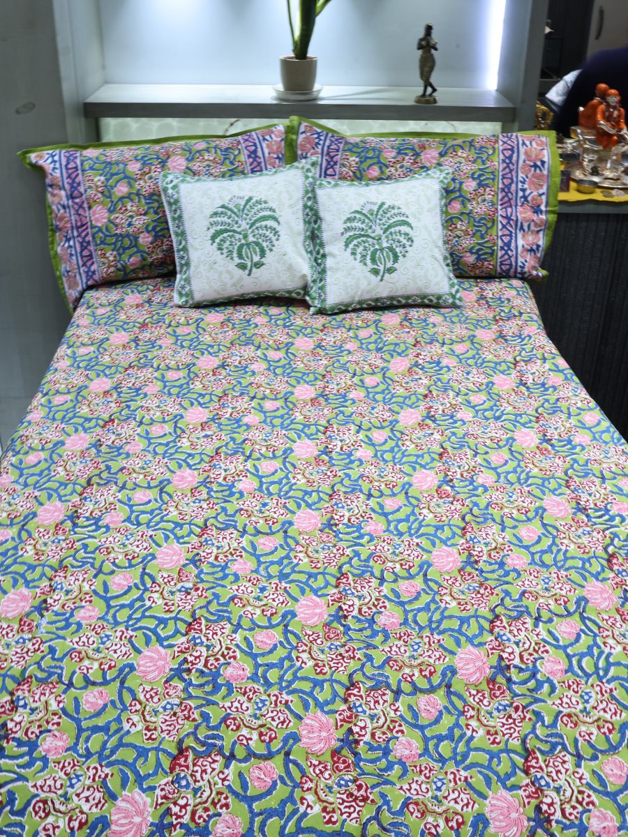 Green Handblock Print Double Bedsheet