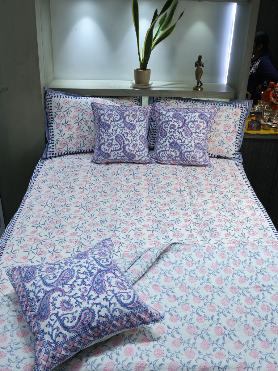 Pink Handblock Print Double Bedsheet