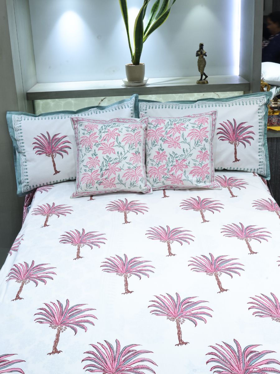 Pink Handblock Print Double Bedsheet