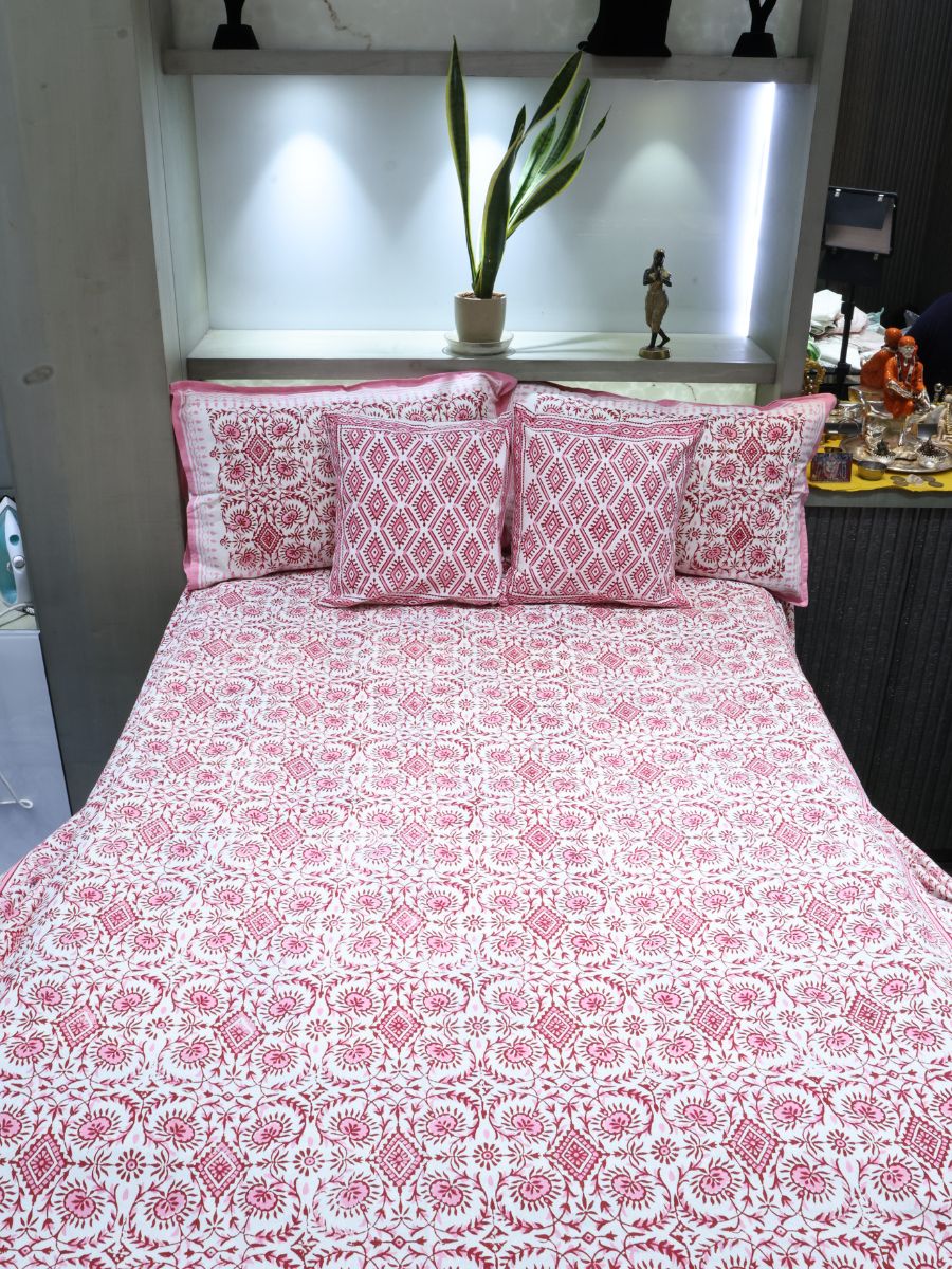 Pink Handblock Print Double Bedsheet