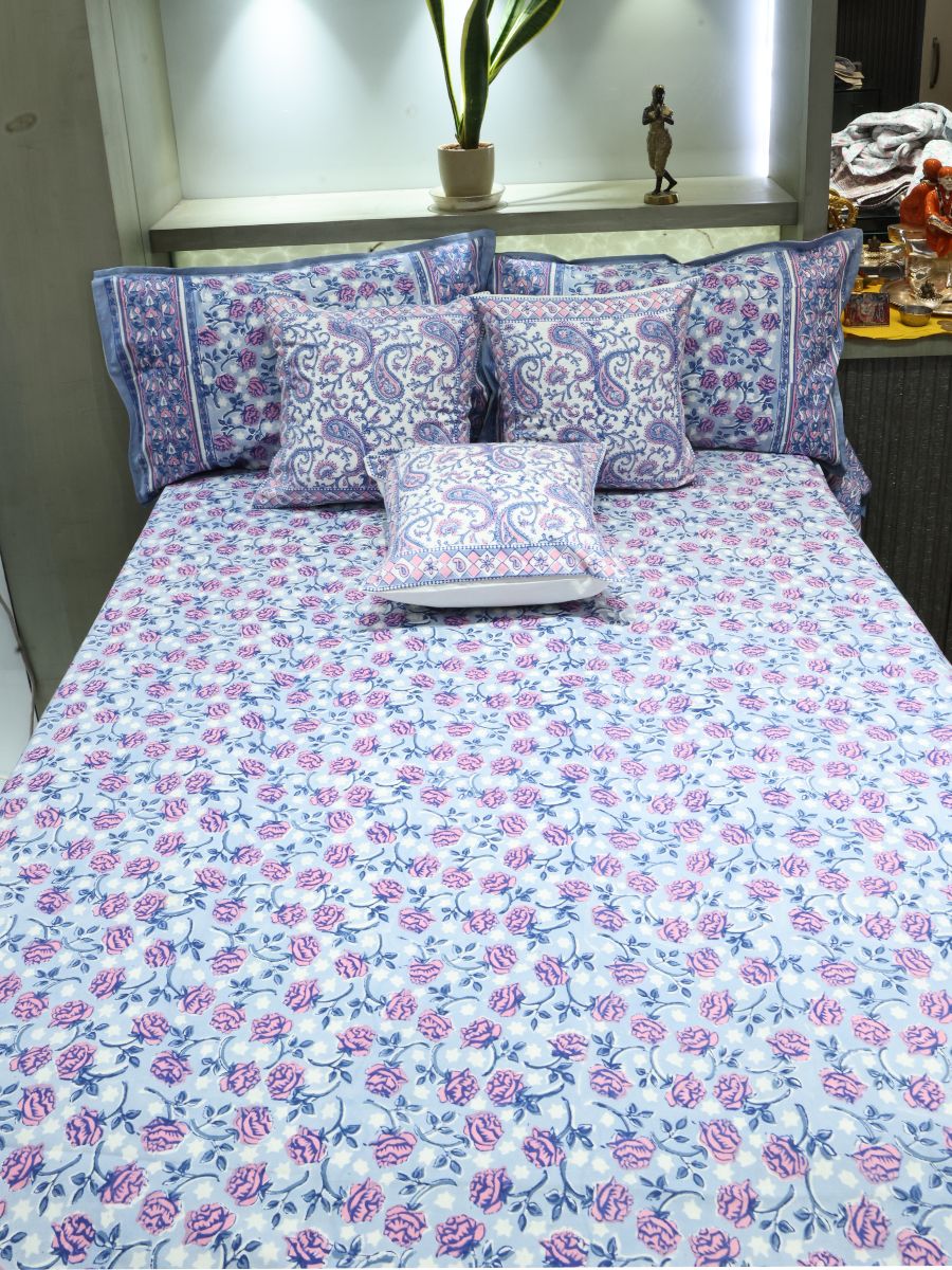 Pink Handblock Print Double Bedsheet