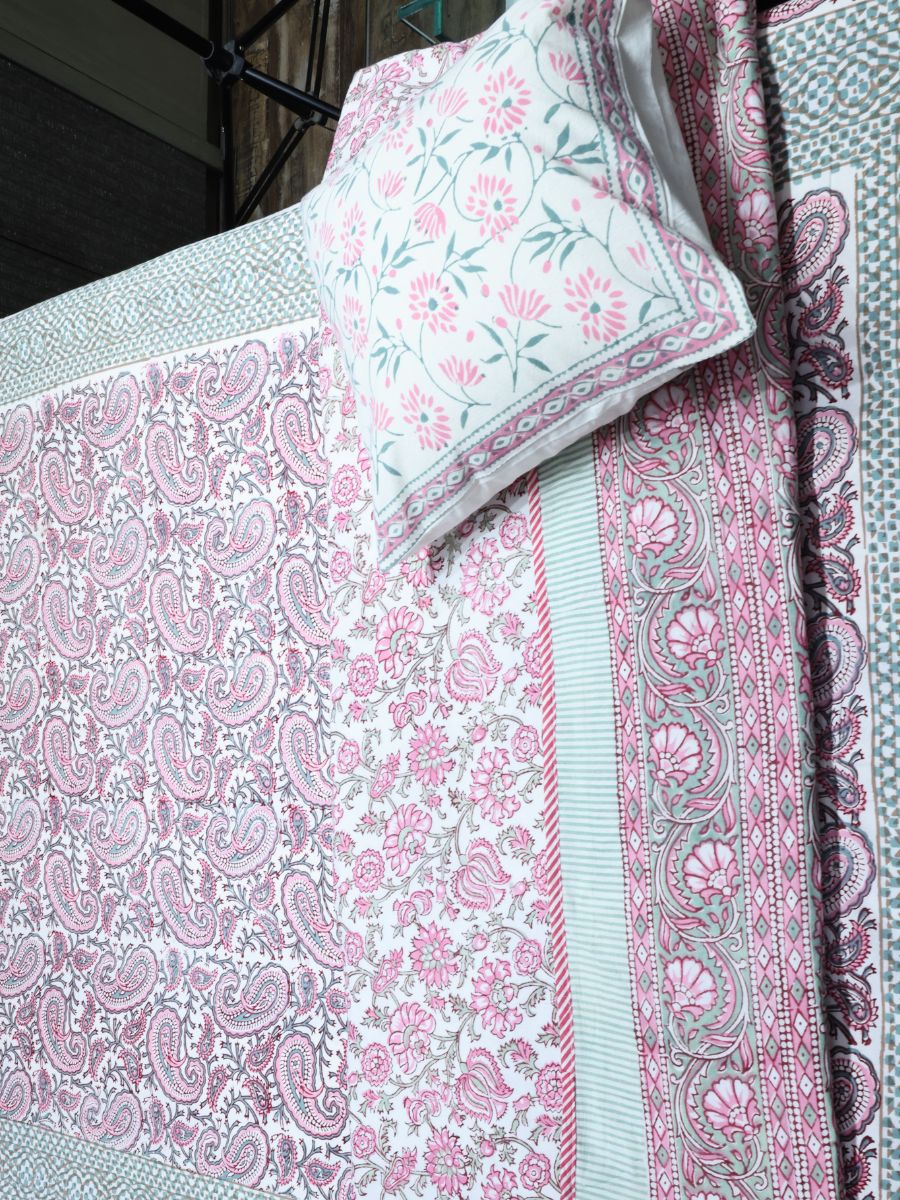 Pink Handblock Print Double Bedsheet