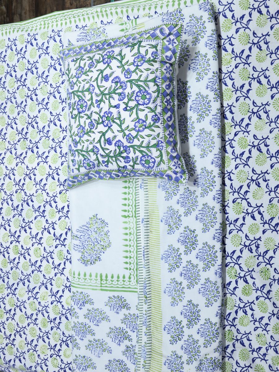 Green Handblock Print Double Bedsheet