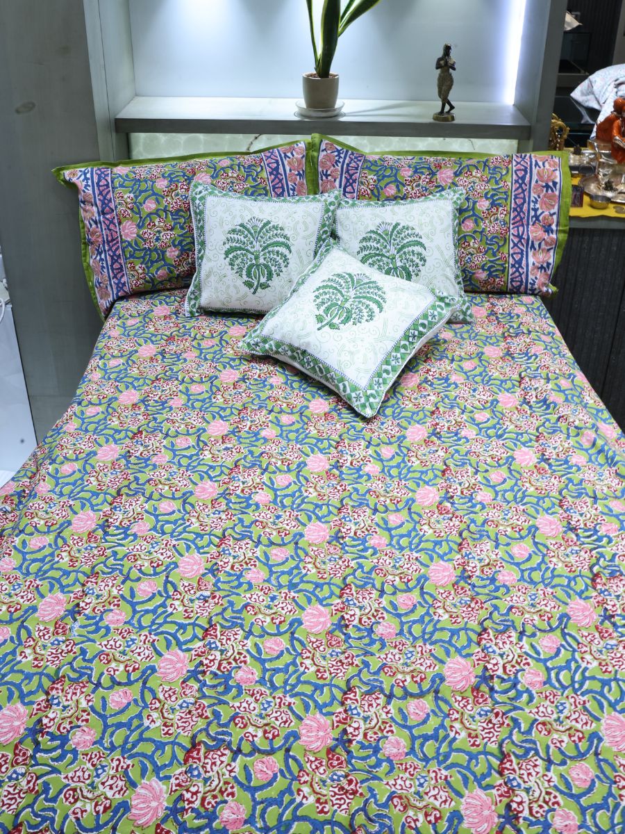 Green Handblock Print Double Bedsheet