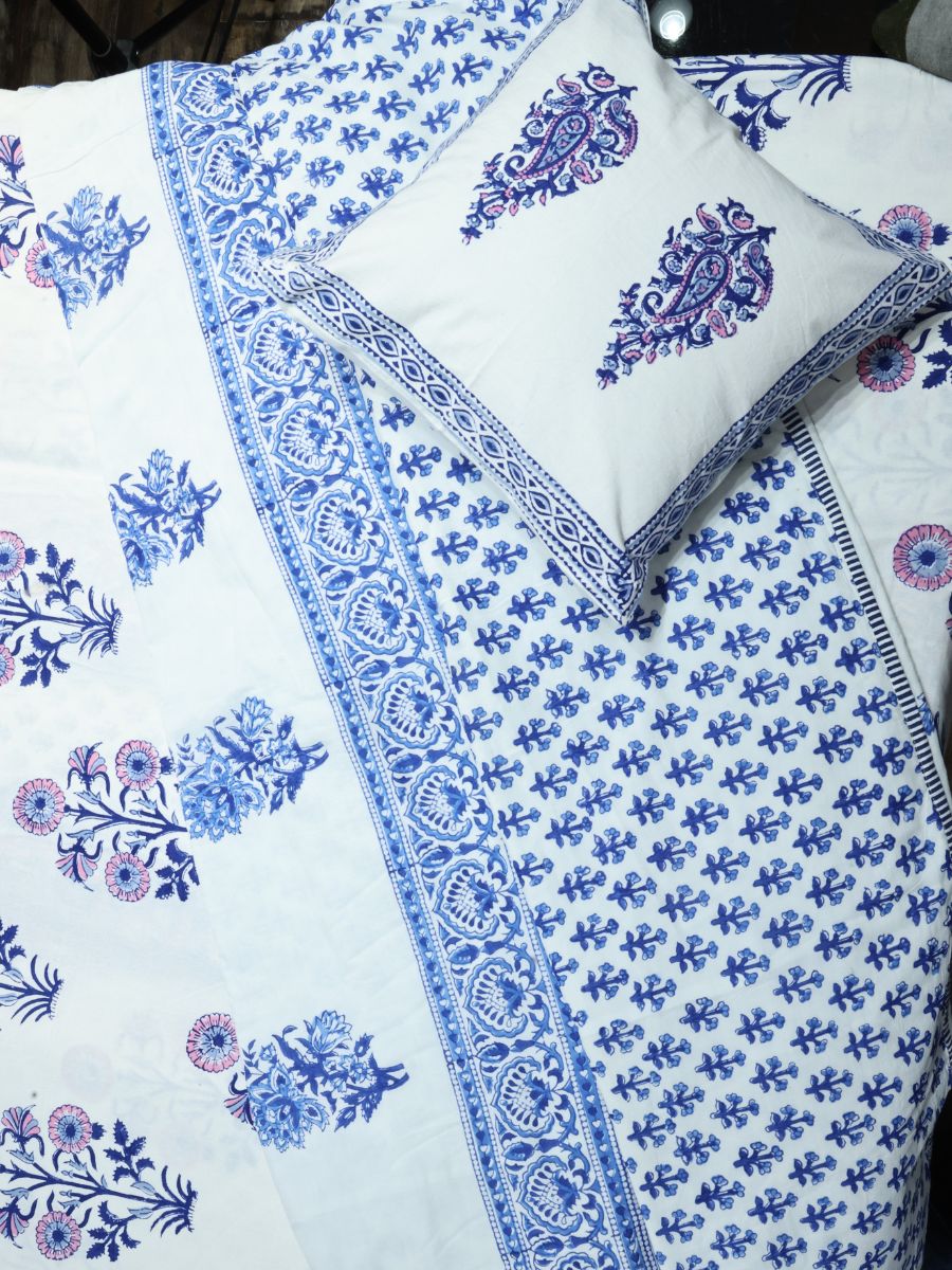 Blue Handblock Print Double Bedsheet
