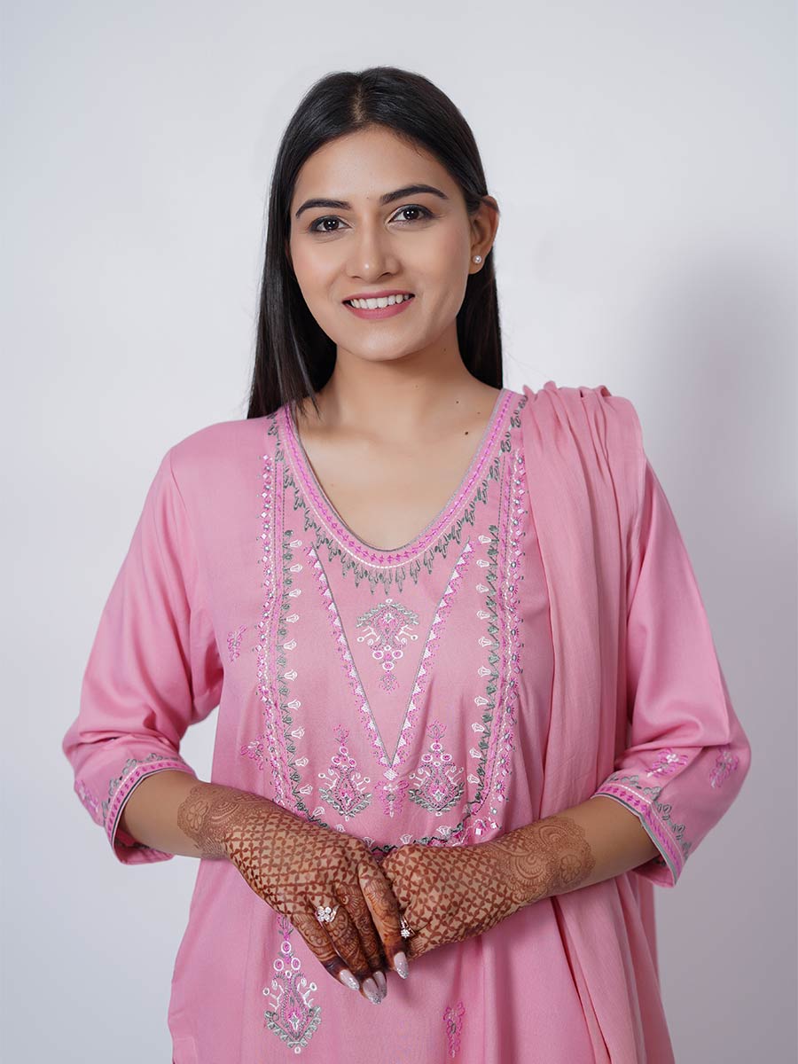 Pink Rayon Machine Work Kurta