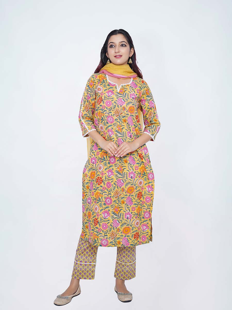 Yellow Cotton Kalamkari Print Suit Set