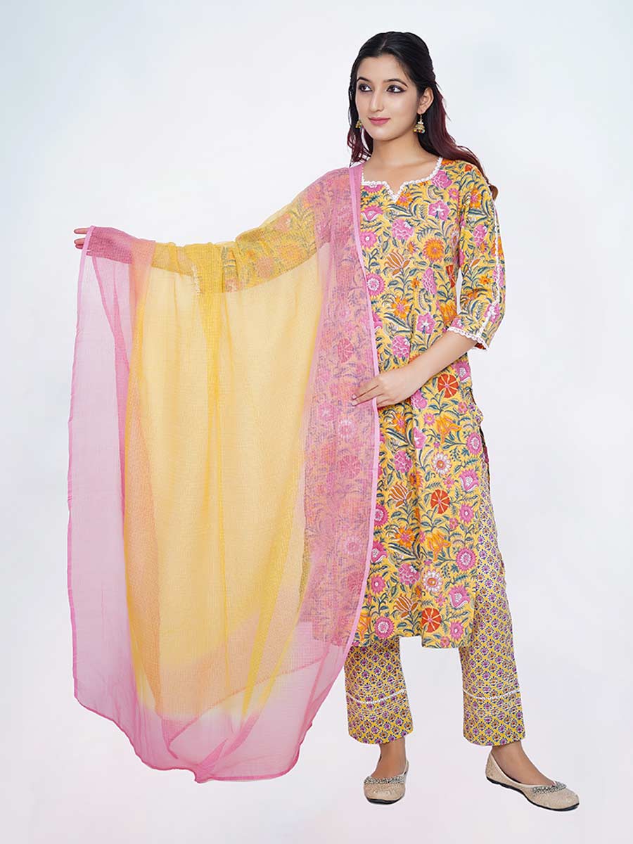 Yellow Cotton Kalamkari Print Suit Set