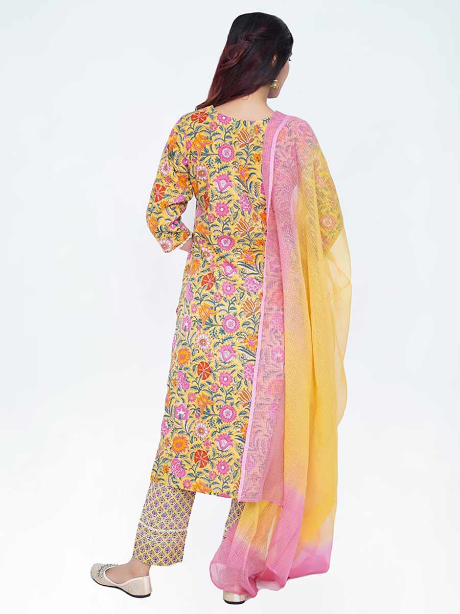 Yellow Cotton Kalamkari Print Suit Set