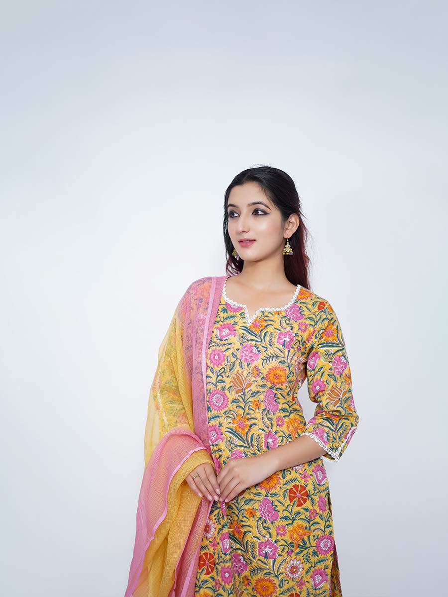 Yellow Cotton Kalamkari Print Suit Set