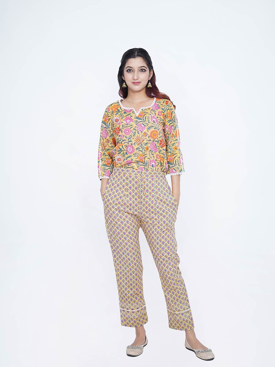 Yellow Cotton Kalamkari Print Suit Set