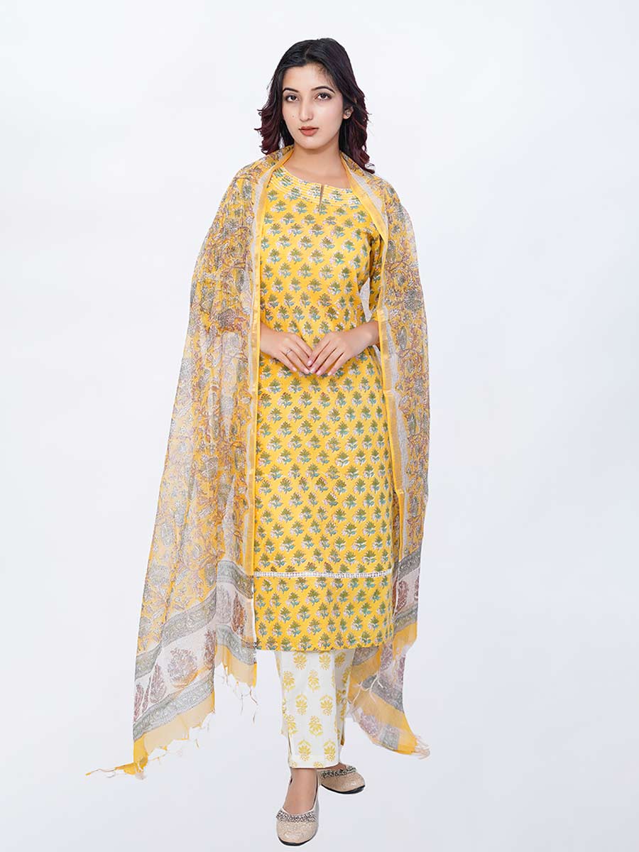 Yellow Cotton Block Print Suit Set