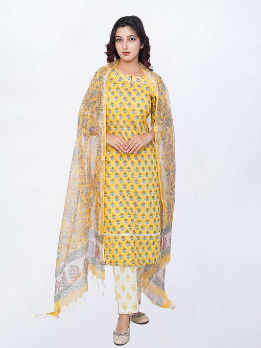 Yellow Cotton Block Print Suit Set