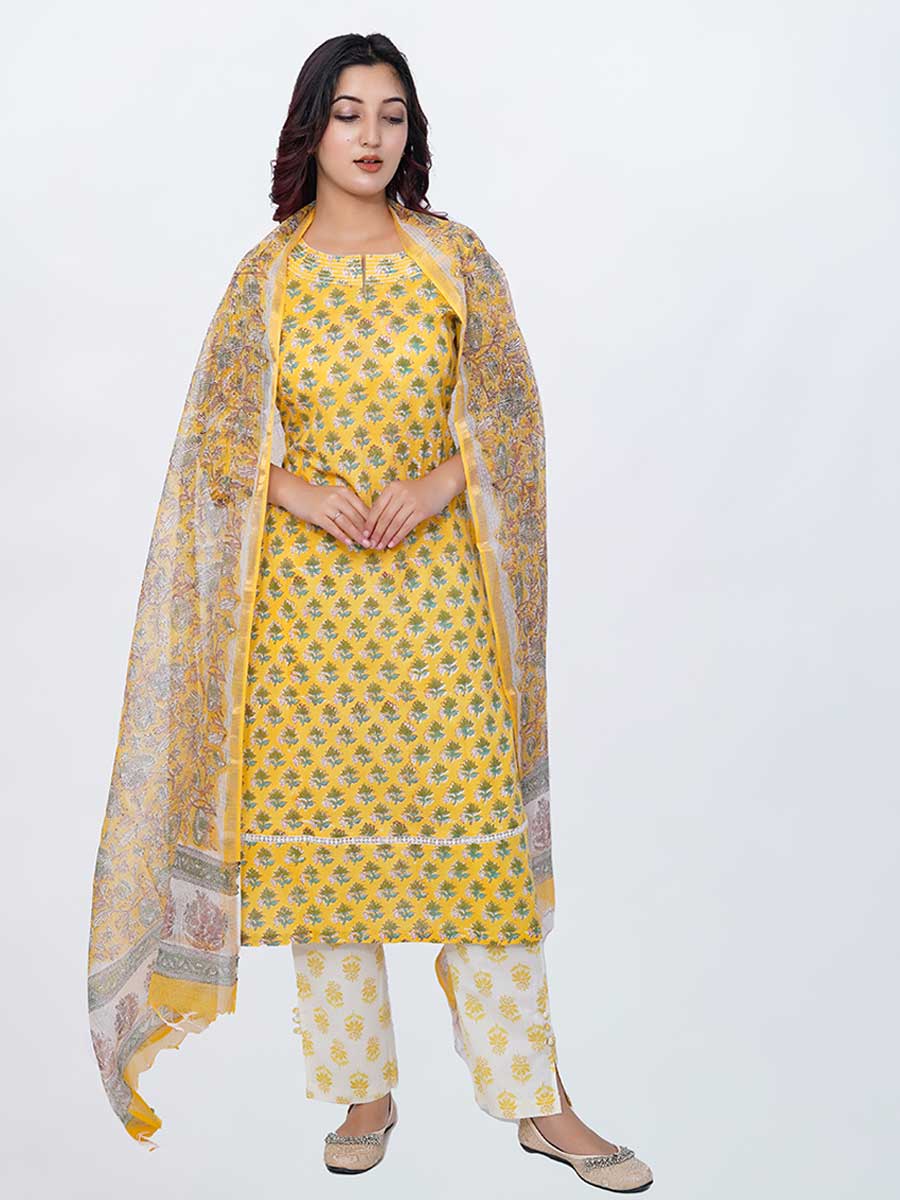 Yellow Cotton Block Print Suit Set