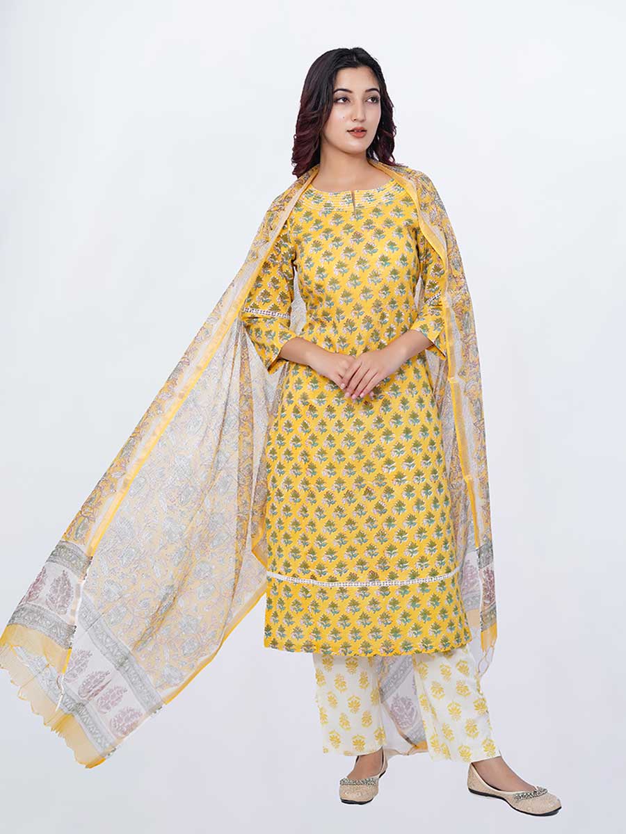 Yellow Cotton Block Print Suit Set