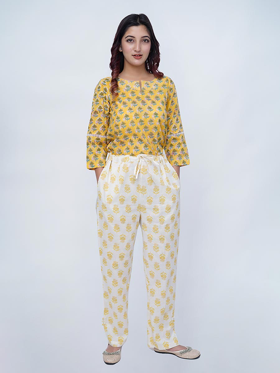 Yellow Cotton Block Print Suit Set