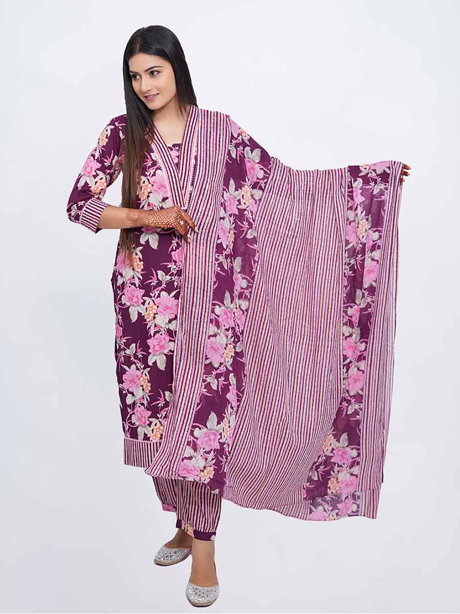 Purple Cotton Kalamkari & Striped Suit Set
