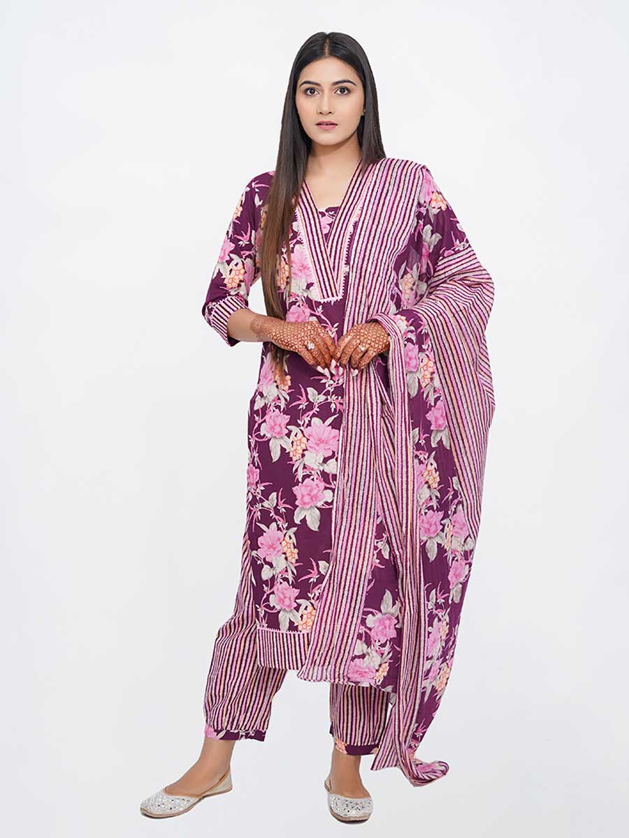 Purple Cotton Kalamkari & Striped Suit Set
