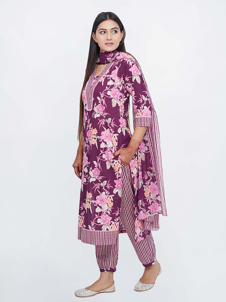 Purple Cotton Kalamkari & Striped Suit Set