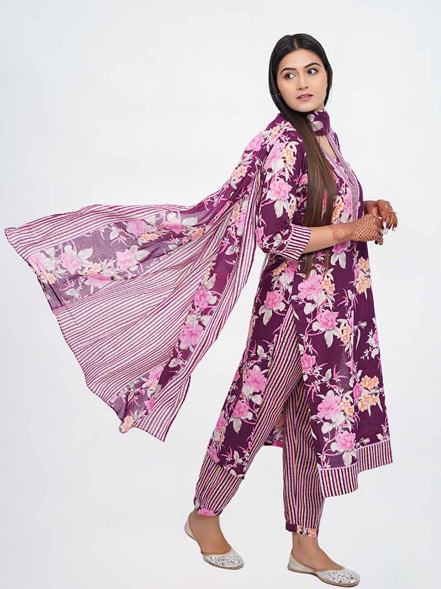Purple Cotton Kalamkari & Striped Suit Set