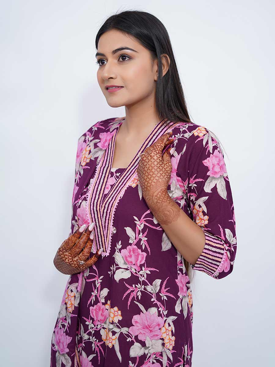 Purple Cotton Kalamkari & Striped Suit Set