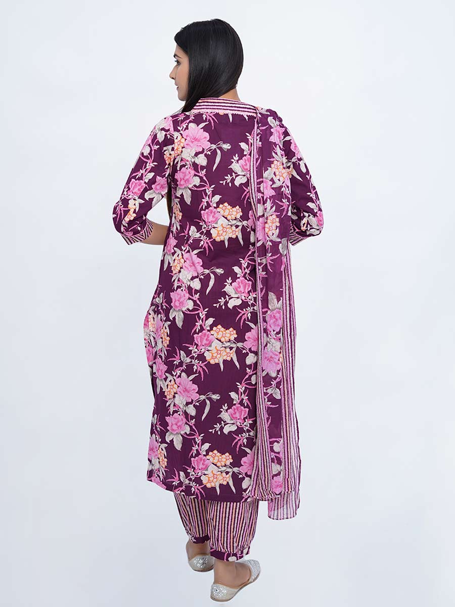 Purple Cotton Kalamkari & Striped Suit Set