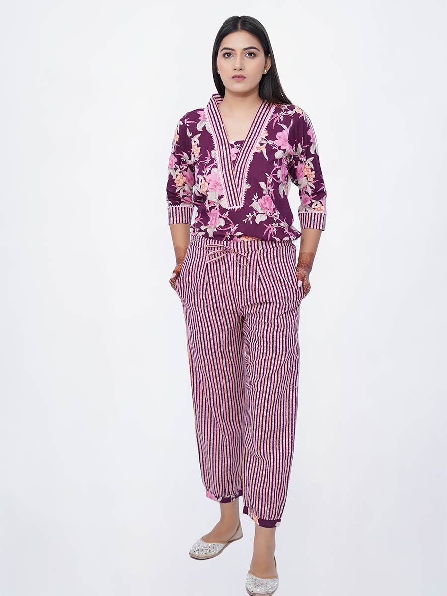 Purple Cotton Kalamkari & Striped Suit Set
