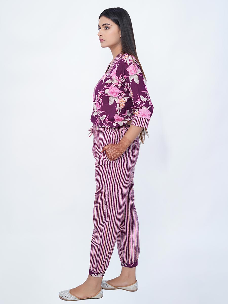 Purple Cotton Kalamkari & Striped Suit Set