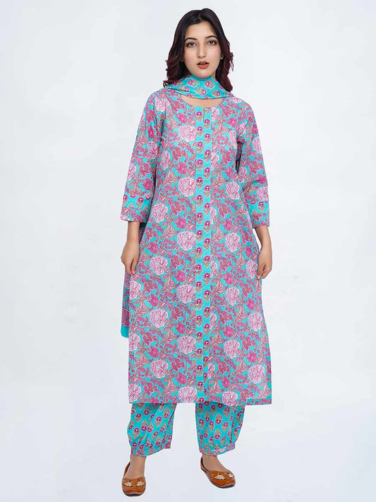 Blue Cotton Dabu Print Suit Set