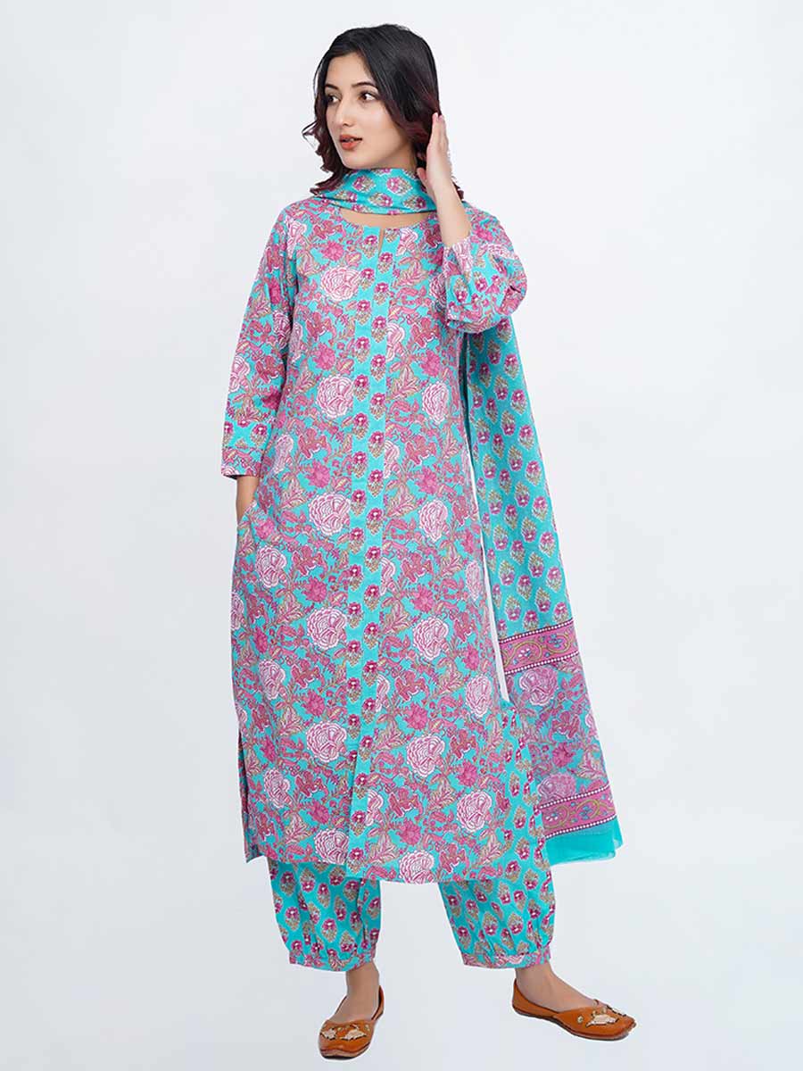 Blue Cotton Dabu Print Suit Set