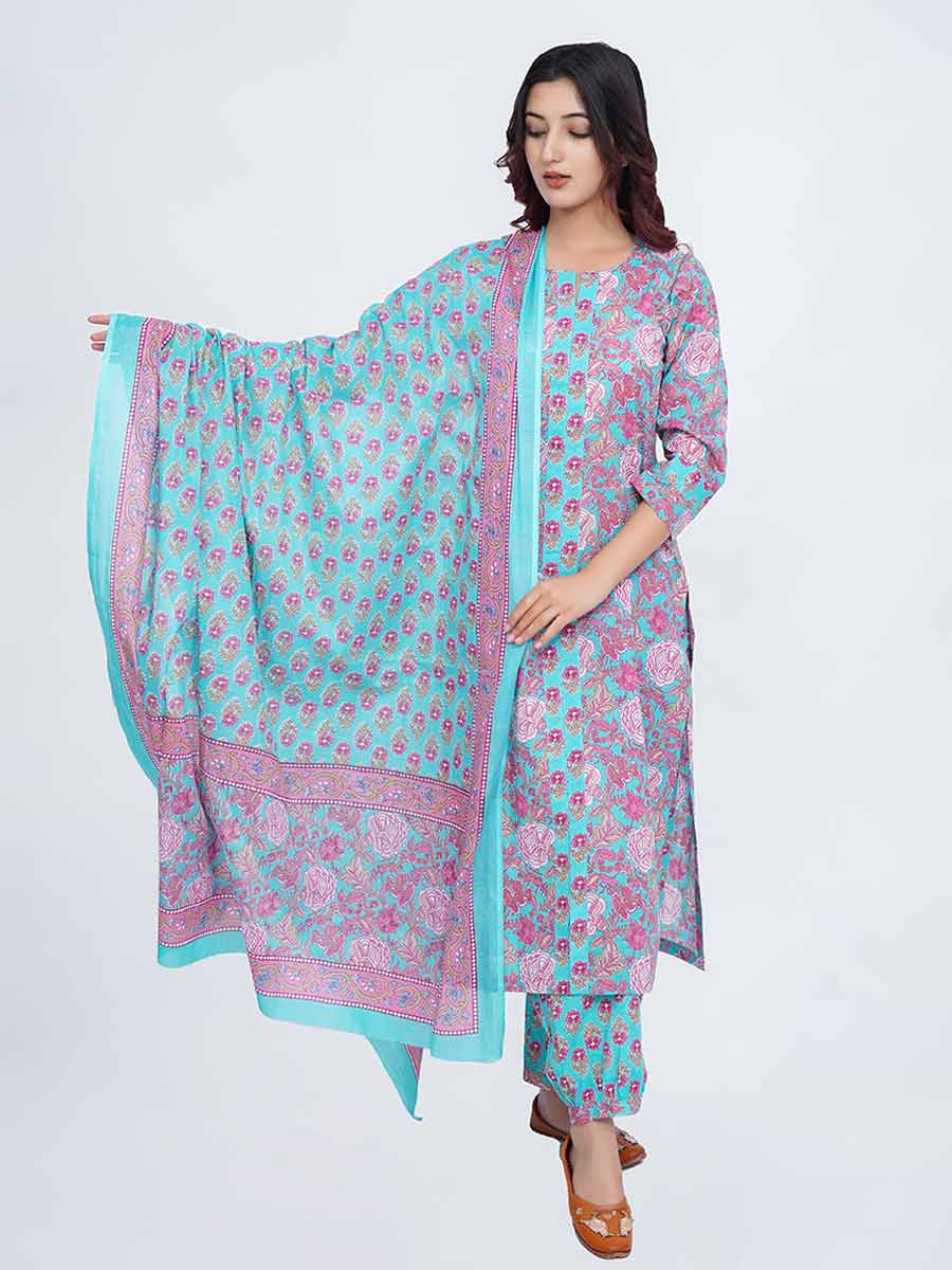 Blue Cotton Dabu Print Suit Set