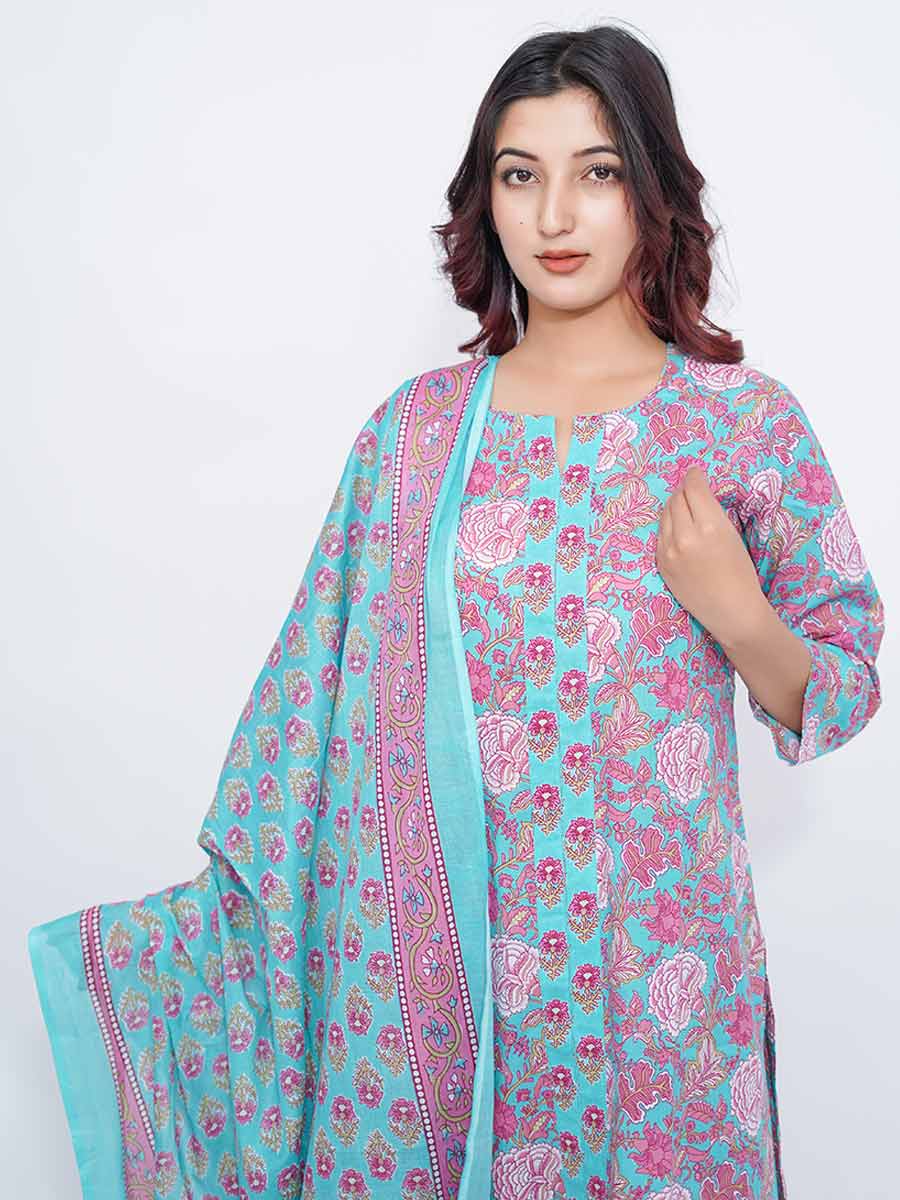 Blue Cotton Dabu Print Suit Set